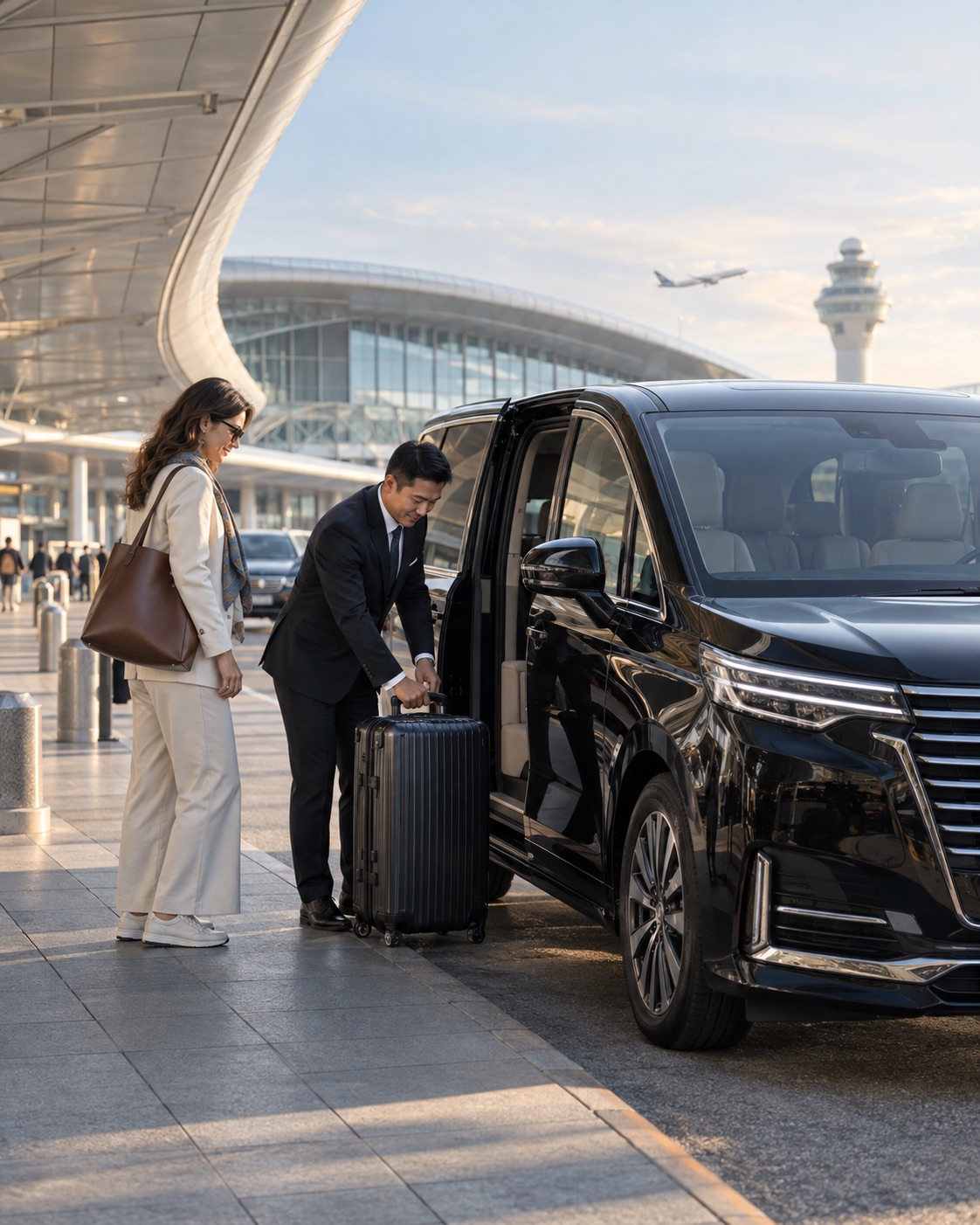 Chauffeur assisting an arriving traveler with luggage beside a private MPV