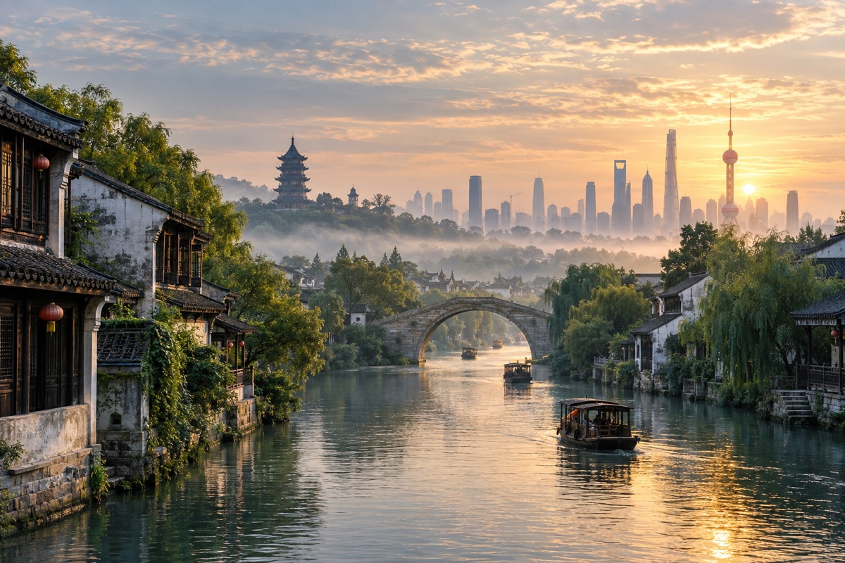 Panorama von Jiangsu, Zhejiang und Shanghai ab Hangzhou